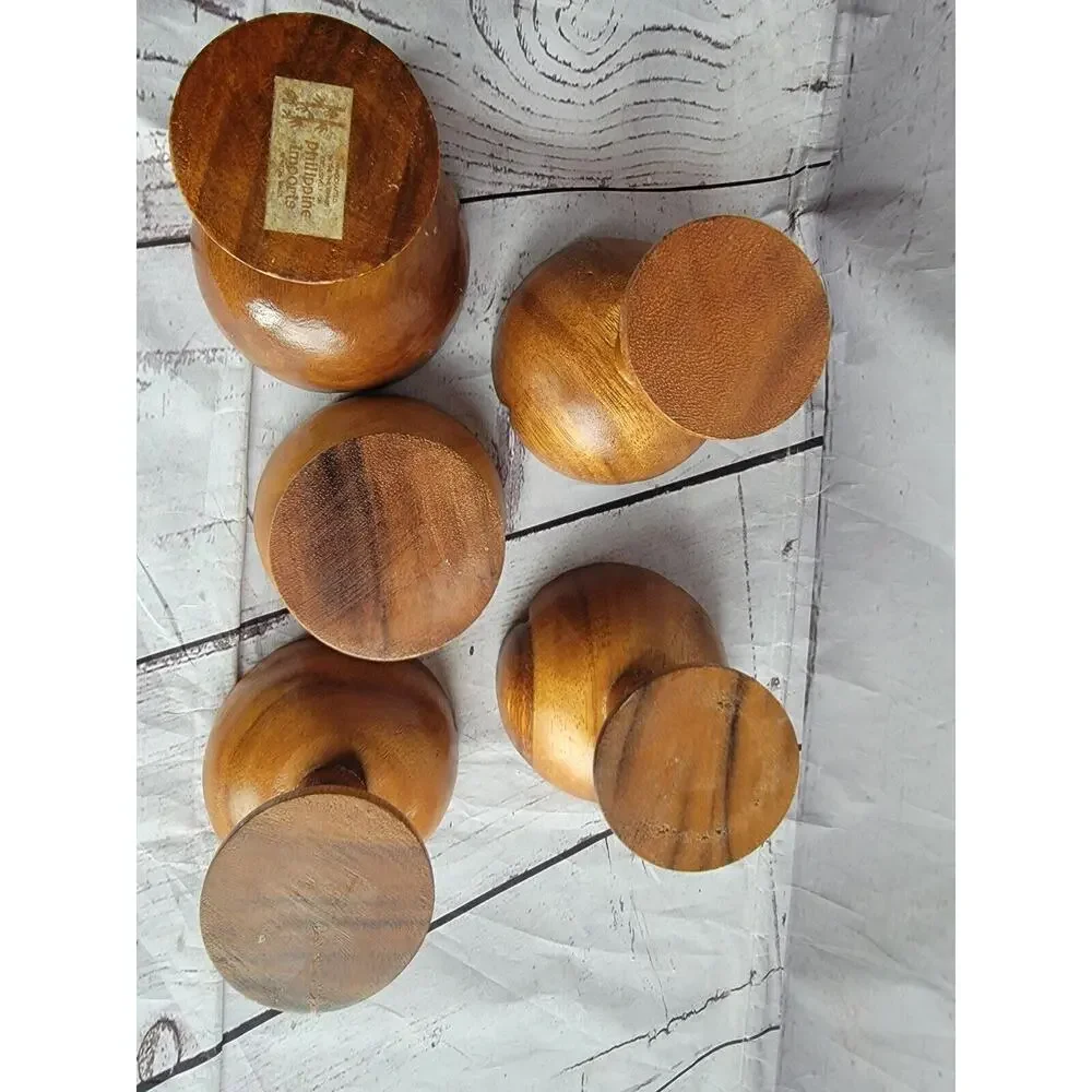 Set Of 5 Vintage Teakwood Pedestal Dessert Servers cups Boho Style Tropic Summer
